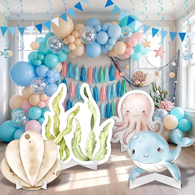 Honoson 4 Pcs Large 32" Under The Sea Party Decorations Ocean Animal Shell Cardboard Cutouts Standup Baby Shower Backdrop Photo Props Sign for Marine Animal Birthday Party Decor