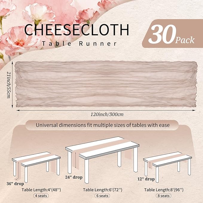 30 Pack Cheesecloth Table Runner 10FT Rosy Brown Table Runner Boho Gauze Cheese Cloth Table Runners Long Rustic Sheer Table Decorations for Wedding Party Baby Bridal Shower Birthday Holiday Home