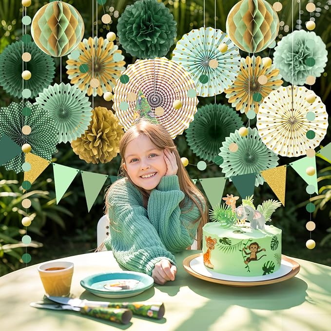 Sage Green Gold Party Decorations, Paper Fans Honeycomb Balls Circle Garlands for Graduation, Boho Gender Neutral Baby Shower, Olive Woodland Birthday, Bridal Shower Party Supplies, 20Pcs