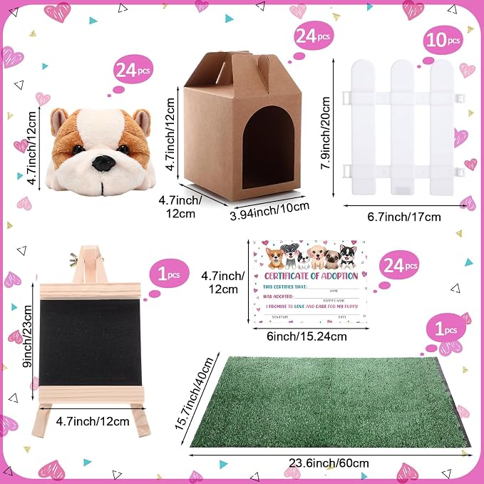 Blueweenly 84 Pcs Adopt a Pet Party Supplies 24 Mini Animals 10 White Plastic Fence 24 Paper Gift Boxes 24 Adoption Cards with Mini Chalkboard and Artificial Lawn(Shar Pei)