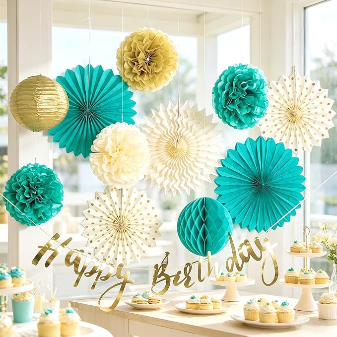 SUNBEAUTY Teal and Gold Party Decorations Teal Birthday Decorations for Women Teal Blue Hanging Paper Fans Tissue Pom Poms Happy Birthday Banner for Baby Showers Wedding Engagement Party