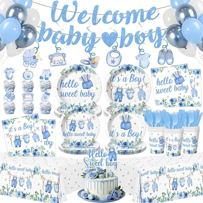 202PCS Blue Baby Boy Shower Decorations Tableware Set, 24 Serves Disposable Plates Napkins Cups Set with Banner Plates Napkins Balloons Tableware Cake Topper for Baby Boy Baby Shower Decorations