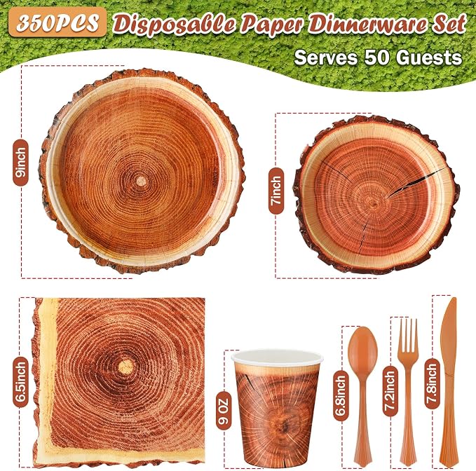 FillTouch 350 Pcs Wood Grain Fall Paper Plates Hunting Camping Party Supplies Rustic Autumn Disposable Napkins Cups Cutlery Knives Fork Spoons for 50 Guests Autumn Harvest Thanksgiving Birthday