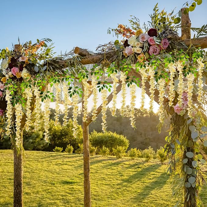 Pauwer Wisteria Hanging Flowers 24 Pack Fake Flower Garland Artificial Wisteria Vines Rattan Silk Flower String Wedding Party Wall Decorations,Champagne