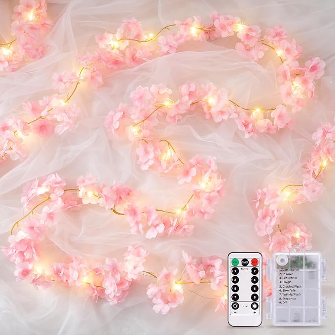 JMEXSUSS Cherry Blossom Lights Battery Operated, 15.75 FT 48 LED Pink Flower Garland with Lights, Artificial Flower Vines Garland for Gackdrop Spring Wedding Bedroom Classroom Indoor Decor