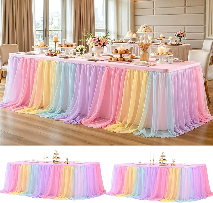 2 Pack Rainbow Tablecloths with Tulle Table Skirt for 8 Foot Rectangle Tables, Party Ruffle Tutu Table Skirt Stretch Fitted Covers for Wedding Reception Birthday Baby Shower Celebration Banquet Event