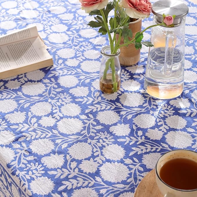 Hand Block Printed Tablecloth, Colorful Floral Print, Indian Artisan Handmade Art, Dining Room, Kitchen, Outdoor Décor, (Cloudy Blue Grace, 12 Seater 72 x 135 Inches Rectangle)