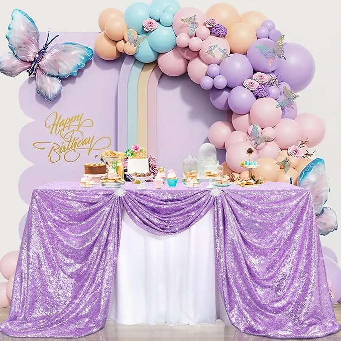 B-COOL Rectangle Sequin Tablecloth Lilac Sparkle Tablecloth Glitz Tablecloth Sequin Table Cloth for Romantic Birthday Party Event Lavender 90x132 inches