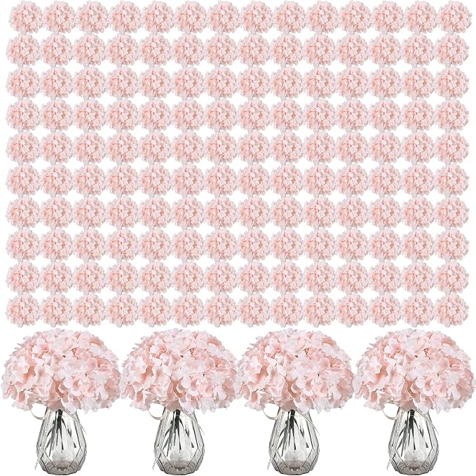 Auihiay 404PCS Hydrangea Artificial Flowers, Silk Artificial Flowers Heads with Stems,Pink Lifelike Faux Flowers for Wedding Centerpieces, Arch and Background, Party, Home, Baby Shower Decor