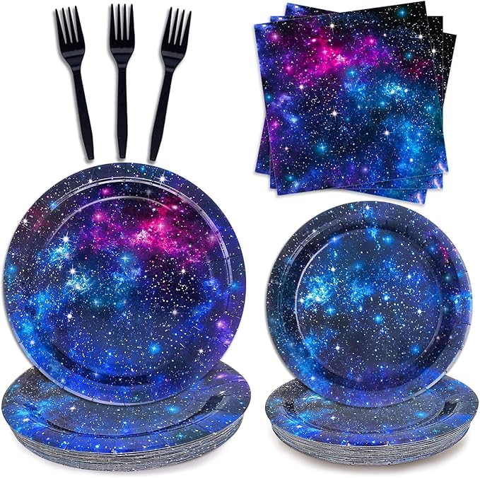 Space Galaxy Party Supplies Tableware Set Outer Space Birthday Party Decorations Starry Night Planet Solar System Paper Plates Napkins Forks for 24 Guests