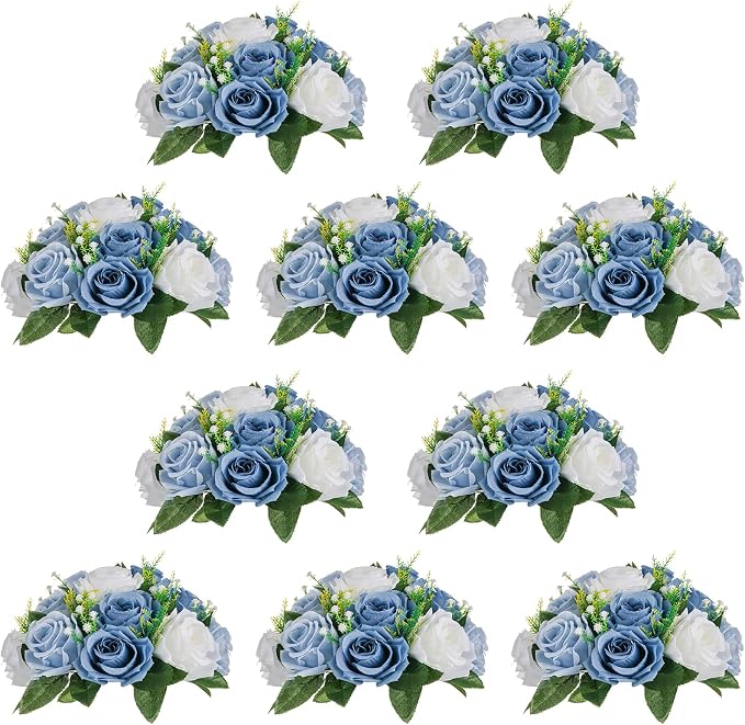NUPTIO Flower Ball Arrangement Bouquet - 10 Pcs 9.5 inch Diameter Dusty Blue Fake Flowers Roses Balls for Centerpieces Tables - Artificial Rose Arrangements for Wedding Centerpiece Table Decorations | 10 Pcs Artificial Silk Floral Bouquet Arrangement, ...