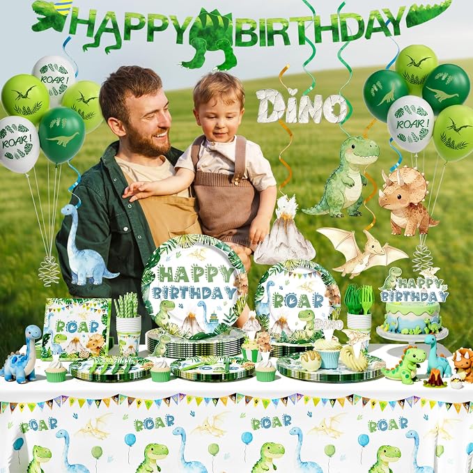 Hombae Dinosaur Birthday Decorations, Dinosaur Birthday Party Supplies with Tableware, Plates, Napkins, Hanging Swirls for Boys Dino Theme Party, Serves 24