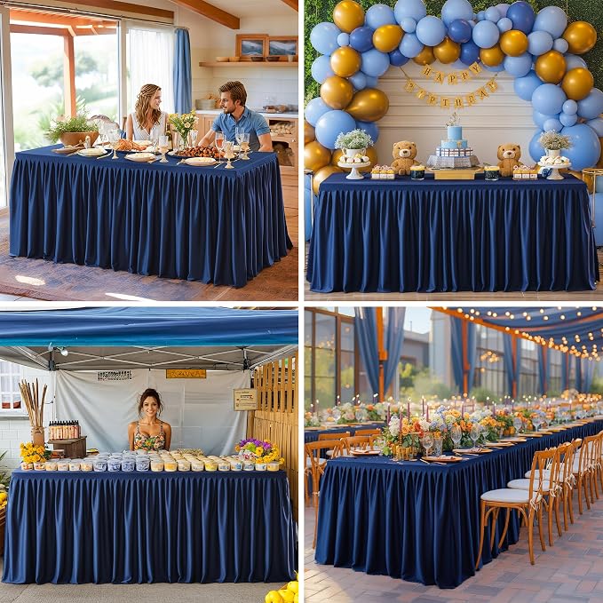 6 Packs Navy Blue Polyester Table Clothes for 8 Foot Rectangle Tables, Wrinkle Free Fitted Table Cover 8ft Stretch Tablecloths with Skirt for Parties Weddings Birthday Banquet Baby Shower