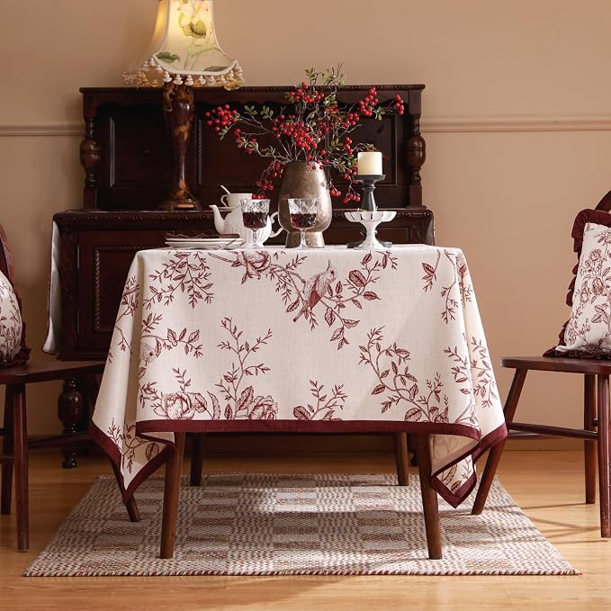 ISAENNE Designer French Linen Rectangular Tablecloth,94"x63"-Harmony | Vintage Elegant Table Cloth for Rectangle Table,Red Floral and Bird Pattern,Decor,Dining,Kitchen,Tea Party,Thanksgiving
