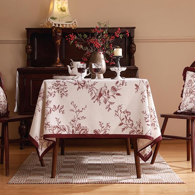 ISAENNE Designer French Linen Rectangular Tablecloth,71"x55"-Harmony | Vintage Elegant Table Cloth for Rectangle Table,Red Floral and Bird Pattern,Decor,Dining,Kitchen,Tea Party,Thanksgiving