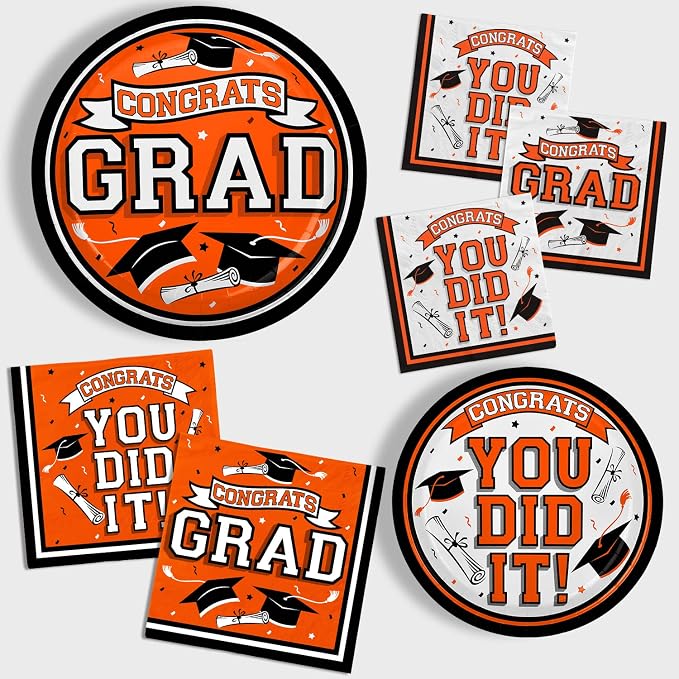 Graduation Party Supplies Dinnerware Set orange Disposable dinner paper plates dessert paper plates and Napkins for Congrats Grad Party Decorations, Serve 50