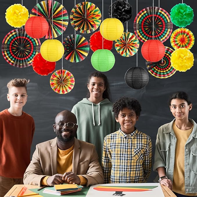 Outus 21 Pcs Black History Month Hanging Decorations Paper Fans Black History Ceiling Decor Kwanzaa Kente Paper Fan Lantern Pom Poms for African American Classroom Wall Decor
