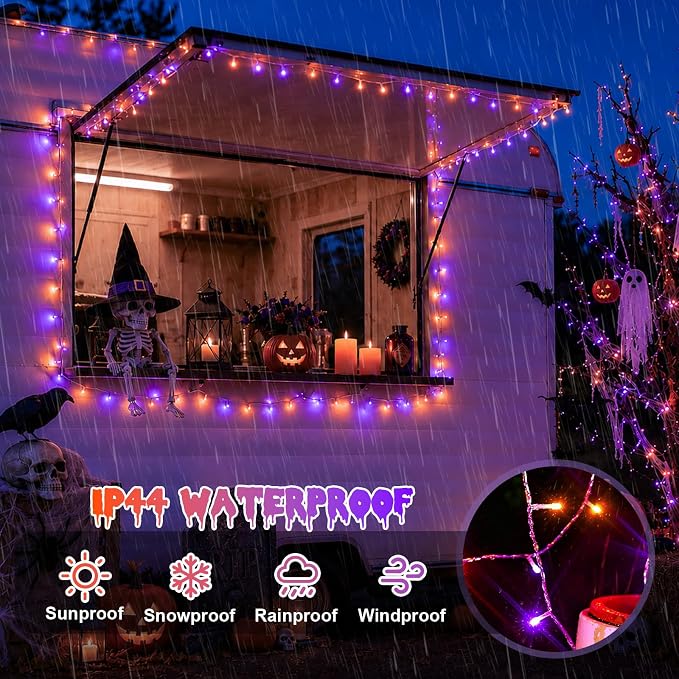 YEGUO Battery Operated Halloween Lights, 2 Pack Each 33ft 100 LED Orange and Purple String Lights Outdoor Waterproof, 8 Modes Clear Wire Christmas Twinkle Lights Indoor with Remote