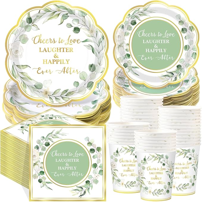 Funnymoom 250 Pcs Eucalyptus Leaves Bridal Shower Party Decorations Sage Green Cheers to Love Paper Plates Napkins Cups Disposable Tableware Set for Wedding Engagement Party Supplies, Serves 50