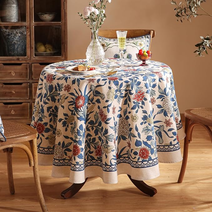 patdrea Vintage French Linen Tablecloth,Round,Diameter 55"-Ivar A | Elegant Colorful Table Cloth for Round Table,Blue and White Floral Patterned,Dining Room Tea Party Thanksgiving