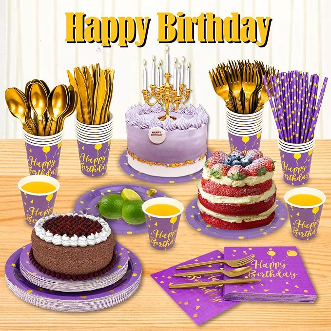200 Pieces Gold Disposable Party Dinnerware Set &Disposable Purple Birthday Party Dinnerware - Purple Paper Plates Napkins Cups, Gold Plastic Forks Knives Spoons Straws