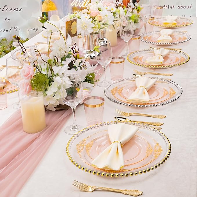 Hioasis 175pcs Pink and Gold Plates - Pink Party Plates for 25 Guest, Include 50 Heavy-duty Plates(20% Thicker Than Standard), 75 Cutlery Set, 25 Napkin, 25 Cups for Party & Easter
