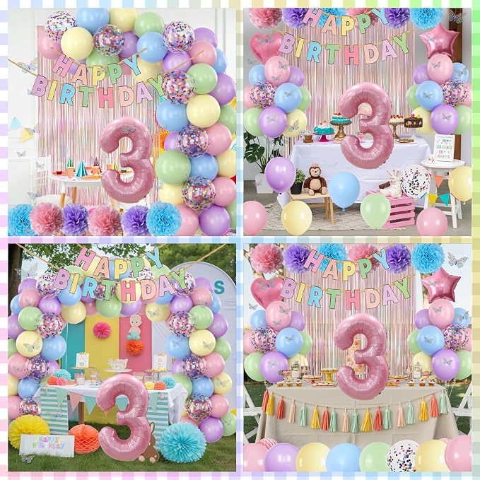 Pastel 3rd Birthday Party Decorations for Girls Number 3 Balloon Happy Birthday Banner Butterfly Stickers Fringe Curtain Paper Pom Poms Macaron Pink Star Heart Foil Colorful Balloons 3 Year Old Decor