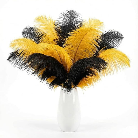 Lamar 20Pcs 12-14'' Black and Gold Ostrich Feathers - 1920s Style Gatsby Party Decorations, Masquerade Party Centerpieces, Great Gatsby Decor, Wedding, Party Supplies