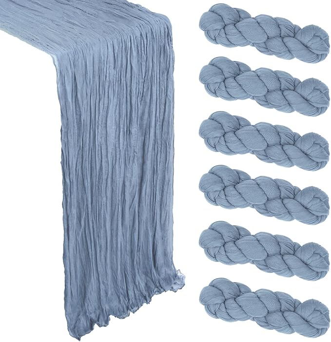 6 Pack Dusty Blue Cheesecloth Table Runner 10Ft Spring Gauze Cheese Cloth Table Runner 35x120 Inch Boho Sheer Rustic Fabric for Holiday Party Decor Baby Shower Wedding Home Decorations
