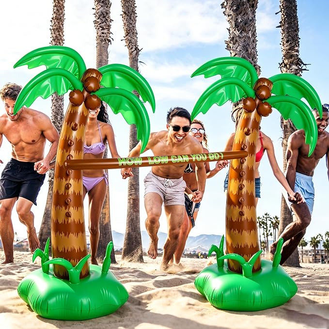 75 Inch Hawaiian Inflatable Limbo Party Game Set Palm Tree Limbo Outdoor Toys Tropical Theme Fun Pole for Summer Outdoor Beach Pool Birthday Party Activities