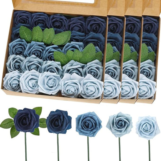 100 Pcs Artificial Foam Rose Flower Faux Bouquet Wedding Fake Rose Gift for Mother's Day Women DIY Bridal Shower Party Table Birthday Home Spring Decor (Shades of Blue)