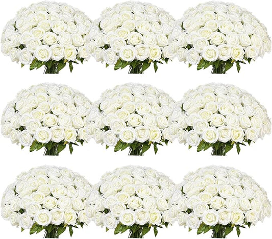 102 PCS White Roses Artificial Flowers, Fake White Roses Bouquet,White Artificial Silk Roses with Stems for DIY Wedding Flowers Decoration, Valentines Day, Home Decor, Bridal Bouquet Roses