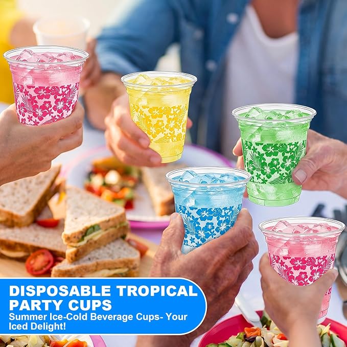 Geyoga 100 Pcs Hawaii Luau Party Cups 12 oz Disposable Plastic Tropical Flower Cups Bulk Hibiscus Clear Beverage Drinkware for Aloha Summer Beach Pool Birthday Holiday Supplies