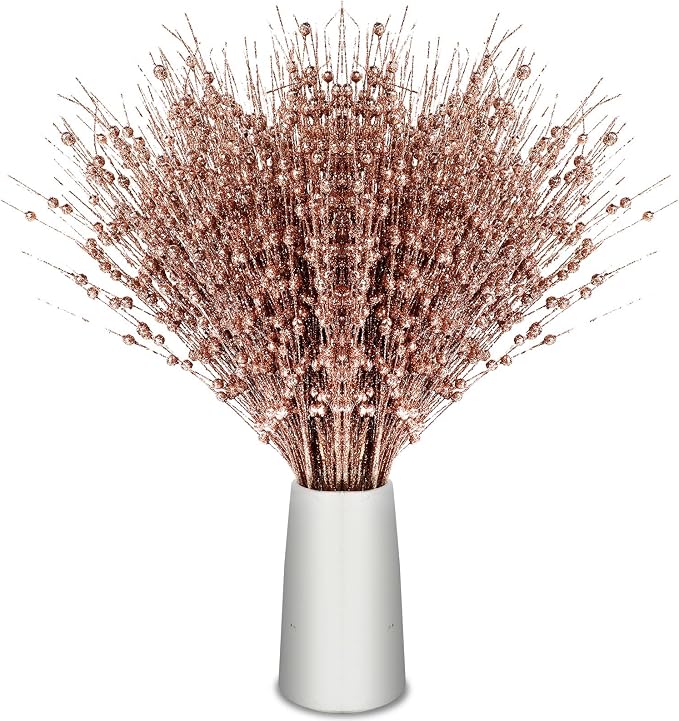 Geosar 30 Pcs Artificial Glitter Berry Stem Decorations 17 Inch Faux Stick Floral Pick Centerpiece Bouquet Flower Bead Twigs for Centerpiece Tree Wreath Ornaments Home(Rose Gold)