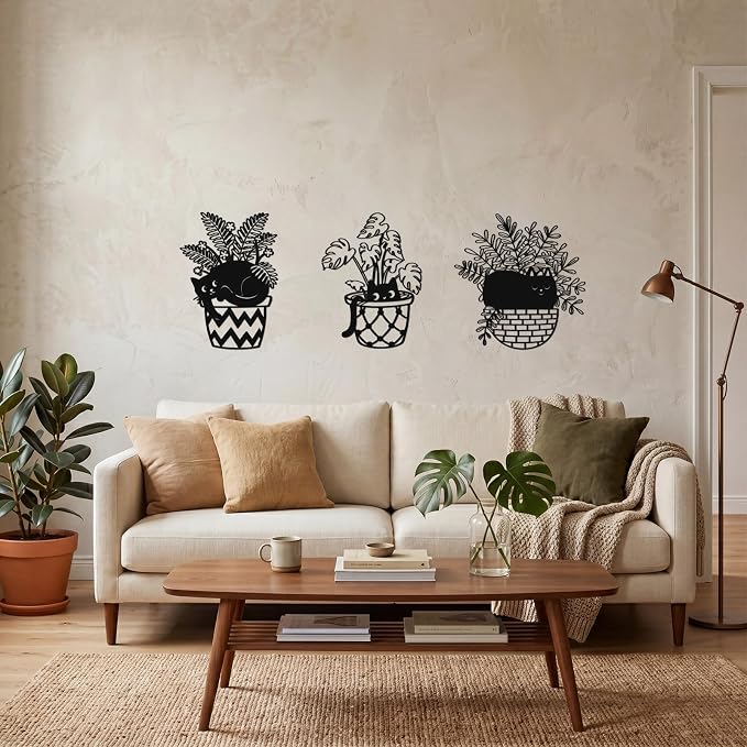Fiwochic 3 Pcs Black Cat Metal Wall Decor Cute Blakc Cat Botanical Wall Art Leaves Art Potted Plant Decoration for Cats Lover Minimalist Room Living Room Patio Decor Gift
