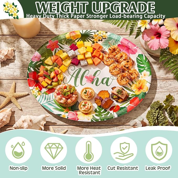 Pajean 350 Pcs Summer Hawaiian Party Supplies Luau Oval Plates and Napkins Set Palm Leaf Aloha 12 in Disposable Tropical Heavy Duty Paper Tableware Set for 50 Guests Summer Luau Beach Party Supplies