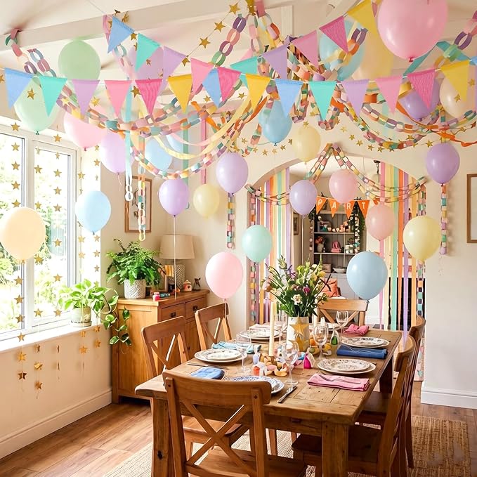 FYSUIMU Pastel Decorations 300Pcs Colorful Paper Chain Stripe 100Pcs Balloon 656 Ft Crepe Paper Streamer 65.6 Ft Gold Star Garland 13.1 Ft Flag Banner for Back to School Wedding Backdrop DIY Crafts