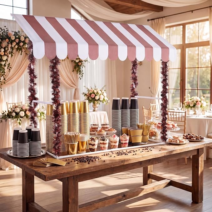7 Pcs Love Is Brewing Bridal Shower Party Decorations Coffee Wedding Bachelorette Party Supplies with 1 Set Plastic Stand 1 Brown and White Striped Awning 4 Brown Tinsel 1 Love Is Brewing Banner