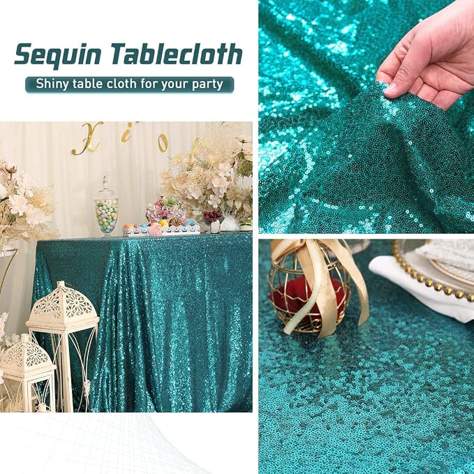 Eternal Beauty Teal Tablecloth, 90x156 Inch Sequin Rectangle Table Cover for Cake Dessert Exhibition Party Birthday Events