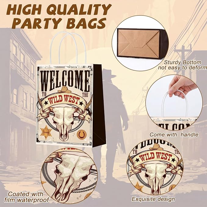 Outus 48 Pcs Cowboy Party Favor Bags Western Paper Gift Goodie Candy Treat Bags Bulk with Handle Wild West Rodeo Bag Gift Treat Wild West Pouch‌ for Cowgirl Birthday Party Supplies Favors