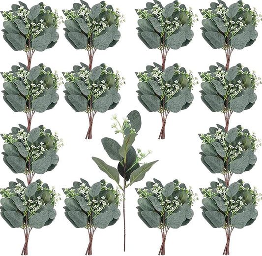 64 PCS Artificial Greenery Stems,Silver Dollar Eucalyptus Stems with 384 Eucalyptus Leaves White Seed Branches for Flower Arrangements,Wedding Bouquets
