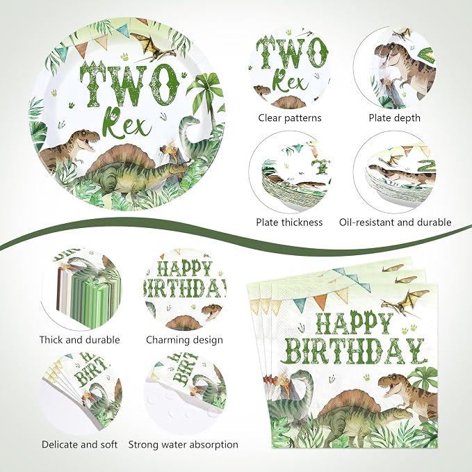 170Pcs Dinosaur 2nd Birthday Party Supplies Two Rex Dinosaur Plates for Boy | Watercolor 2 Rex Plates Napkins Cups Forks Knives Spoons Tablecloths Tableware Set Dino 2 Year Old Birthday Decor Serves 24