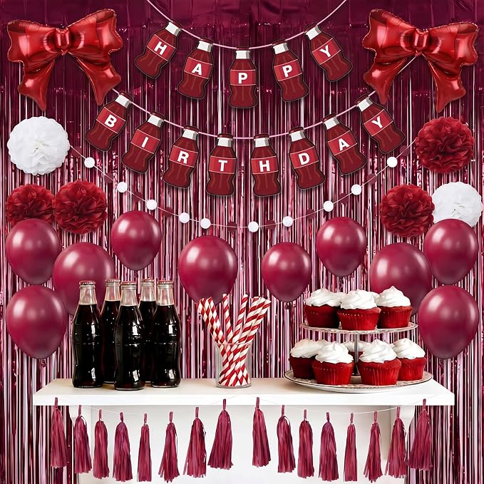 Arrowbash 33 Pcs Burgundy Maroon White Birthday Decorations Include Happy Birthday Banner, Red Tinsel Foil Backdrop, Tissue Paper Pom Poms, Dots Garland, Bow Balloons, Paper Tassels (Bottle Style)