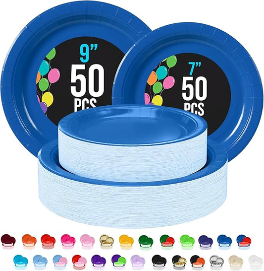 Exquisite Dark Blue Paper Plates Disposable Heavy Duty 100 Pcs - 50-7" & 50-9" Dark Blue Disposable Plates For Party Heavy Duty Paper Plate 350 GSM Birthday Party Supplies Plate Set