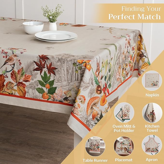 Maison d' Hermine Table Cloth Rectangle Table 100% Cotton 70 x 108 Inches Fall Tablecloth Reusable Everyday Use for Thanksgiving Christmas Decorations Dining Farmhouse Party (Recolte)