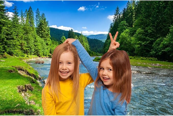 River Stream Backdrop Mountain Forest Pine Trees Natural Landscape Photography Background Clouds Blue Sky Outdoor Games Theme Party Background Decorations Jungle Trees Backgrounds Props 6x4ft