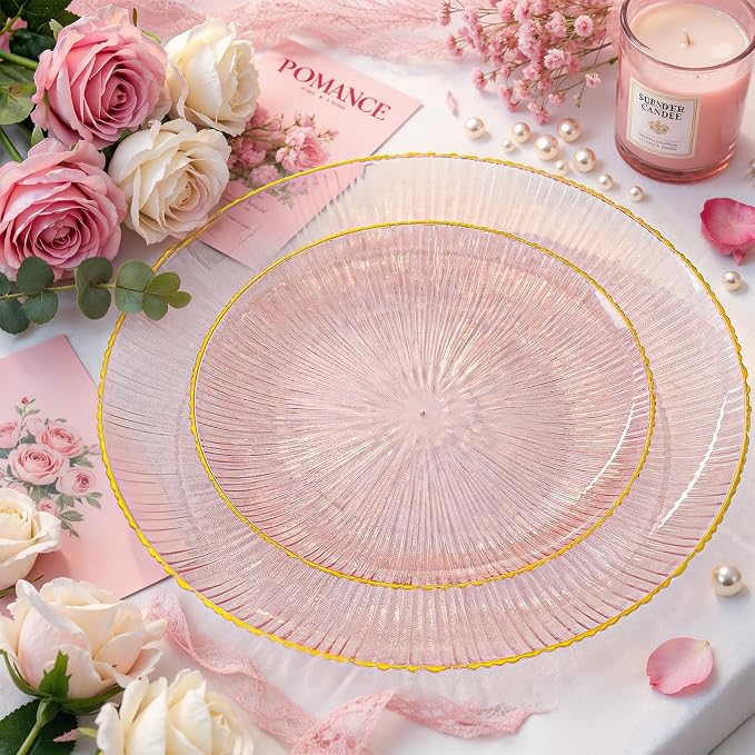 DaYammi 60Pcs Pink Plastic Plates with Gold Rimmed - Pink Disposable Plates Set Including 30pcs Dinner Plates,30pcs Dessert Plates with Radial Texture for Party & Wedding Bridal Shower