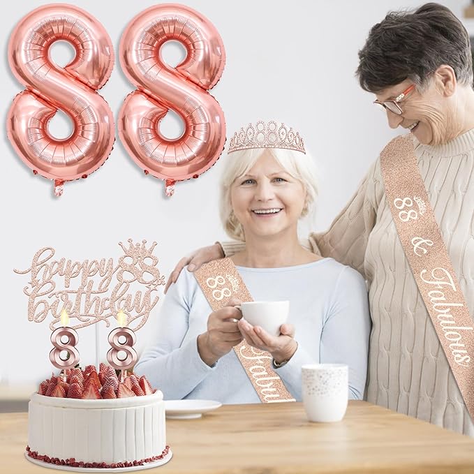 88th Birthday Decorations for Women, Including 88th Birthday Sash and Tiara, Cake Topper and Candles, Number Balloons, 88 Year Old Gifts for Women