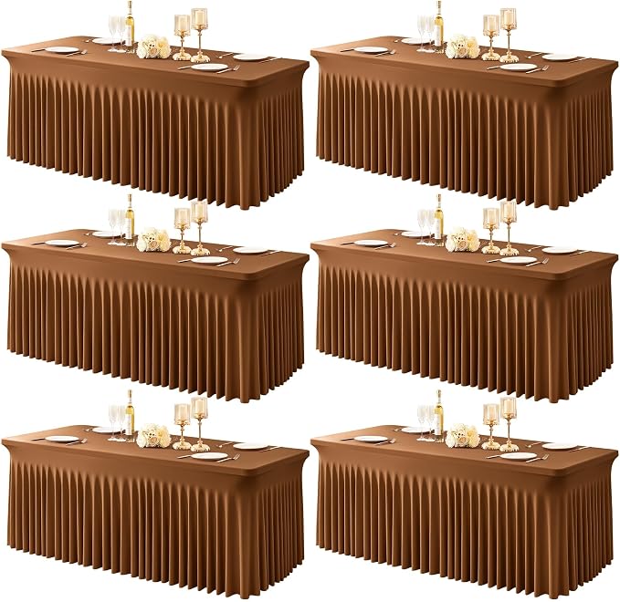 6 Packs Brown Spandex Tableclothes for 8 Foot Rectangle Tables, Wrinkle Free 8ft Fitted Table Cover Stretch Table Cloth Desk Skirt for Weddings Baby Shower Birthday Party Banquet Decorations