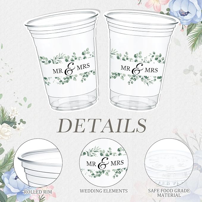 Jingmore 200 Pcs Wedding Plastic Cup 12 oz Wedding Disposable Cups for Reception Thick Clear Cup Happily Ever After Mr and Mrs Just Married Cups for Bridal Shower Decorations (Green Floral)